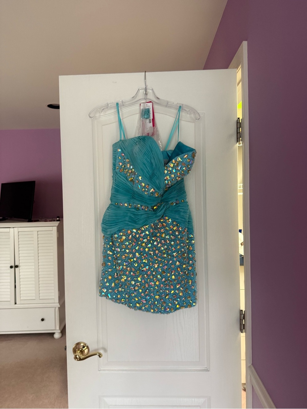 Mori Lee Turquoise Sequin Ruched Cocktail Dress for Kids